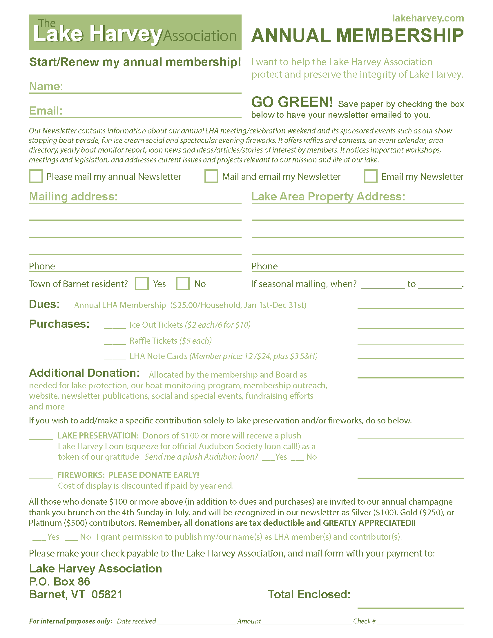 Annual Dues and Donation Form | Lake Harvey